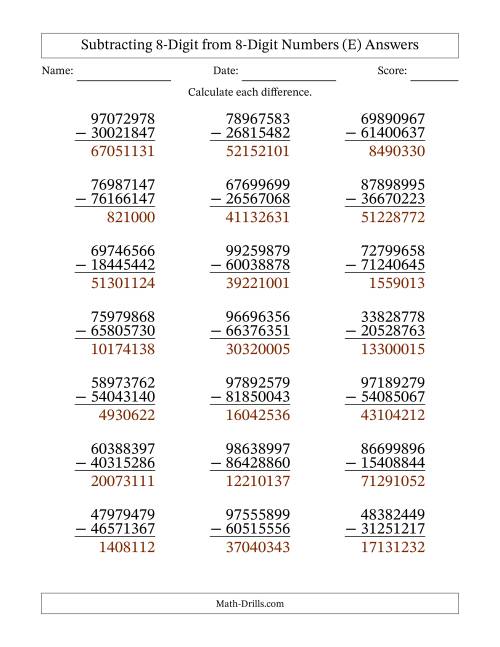 The Subtracting 8-Digit from 8-Digit Numbers With No Regrouping (21 Questions) (E) Math Worksheet Page 2