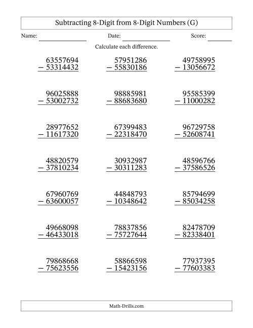 The Subtracting 8-Digit from 8-Digit Numbers With No Regrouping (21 Questions) (G) Math Worksheet