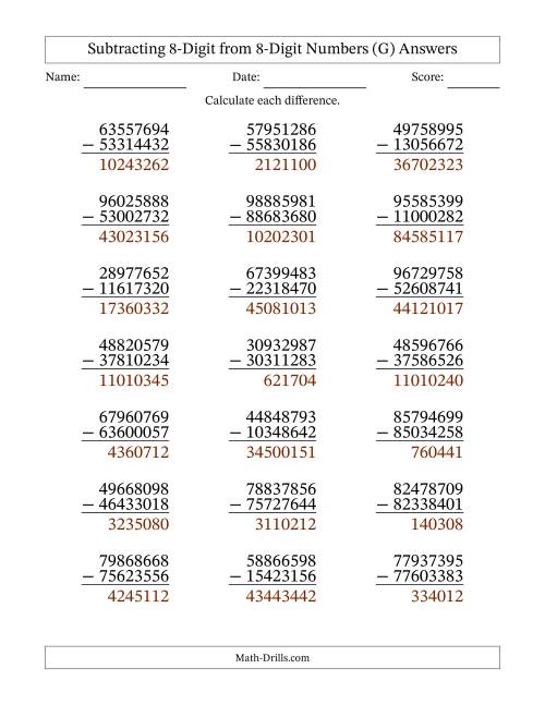The Subtracting 8-Digit from 8-Digit Numbers With No Regrouping (21 Questions) (G) Math Worksheet Page 2