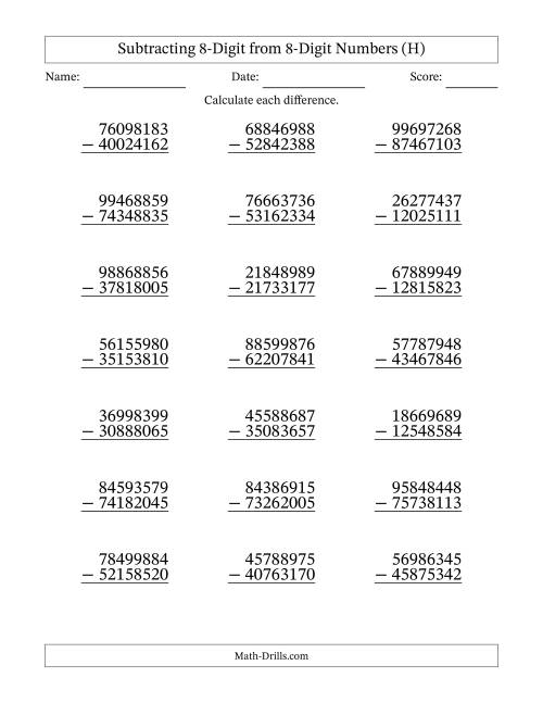 The Subtracting 8-Digit from 8-Digit Numbers With No Regrouping (21 Questions) (H) Math Worksheet