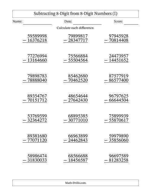 The Subtracting 8-Digit from 8-Digit Numbers With No Regrouping (21 Questions) (I) Math Worksheet