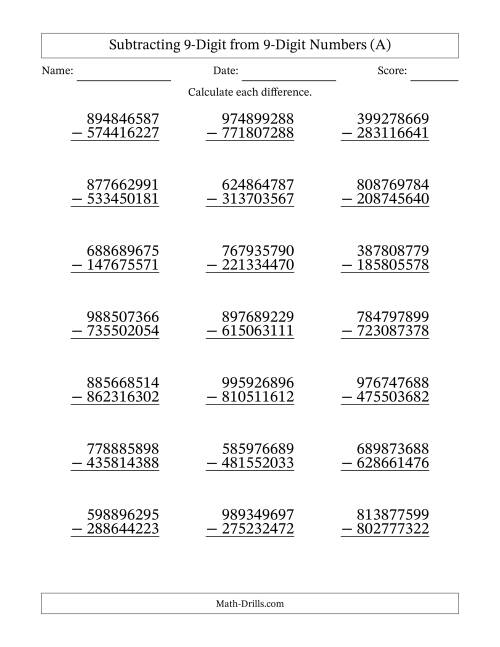 The Subtracting 9-Digit from 9-Digit Numbers With No Regrouping (21 Questions) (A) Math Worksheet