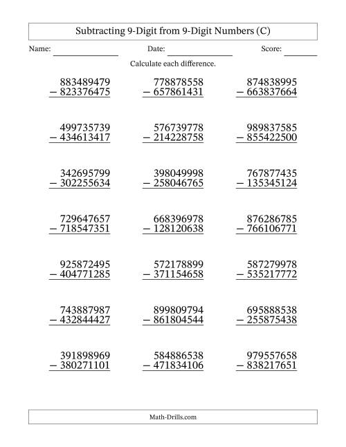 The Subtracting 9-Digit from 9-Digit Numbers With No Regrouping (21 Questions) (C) Math Worksheet