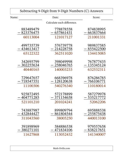 The Subtracting 9-Digit from 9-Digit Numbers With No Regrouping (21 Questions) (C) Math Worksheet Page 2