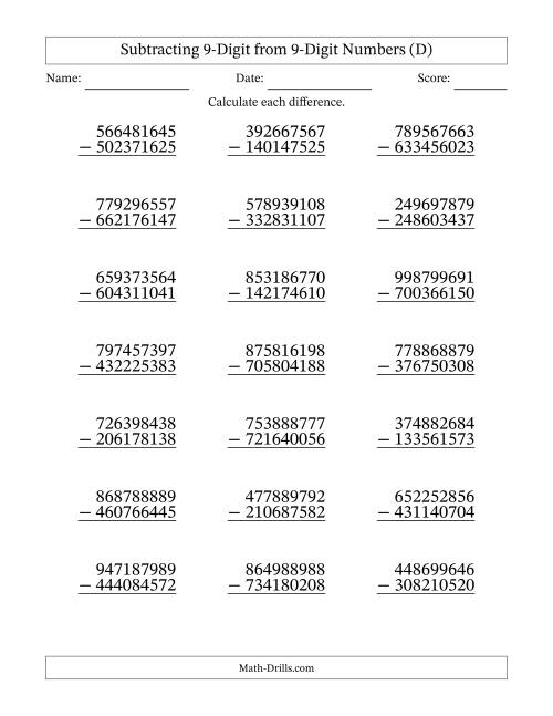 The Subtracting 9-Digit from 9-Digit Numbers With No Regrouping (21 Questions) (D) Math Worksheet