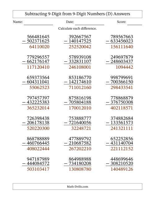 The Subtracting 9-Digit from 9-Digit Numbers With No Regrouping (21 Questions) (D) Math Worksheet Page 2