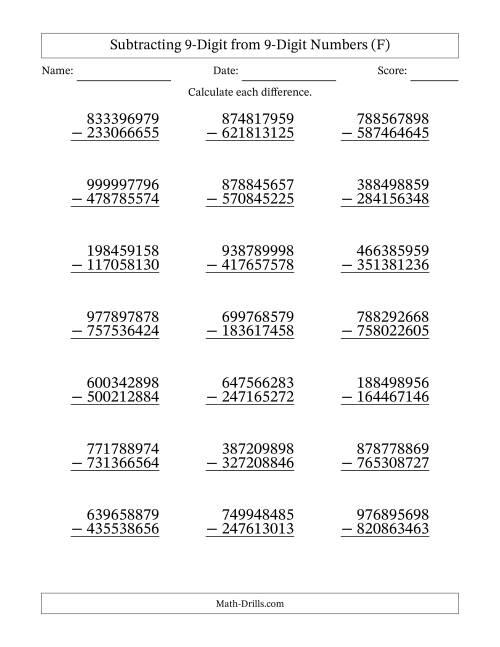The Subtracting 9-Digit from 9-Digit Numbers With No Regrouping (21 Questions) (F) Math Worksheet