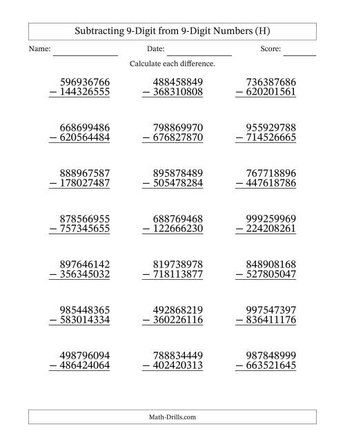 The Subtracting 9-Digit from 9-Digit Numbers With No Regrouping (21 Questions) (H) Math Worksheet