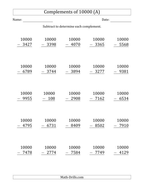 The Complements 10000 by Subtracting (A) Math Worksheet