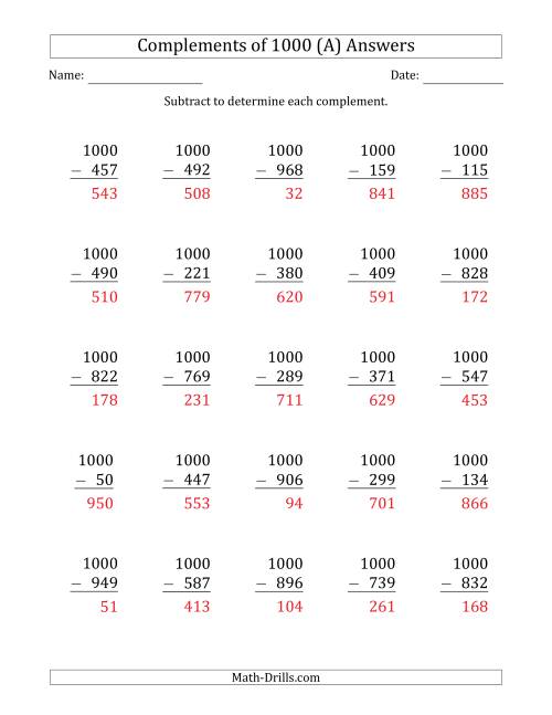 The Complements of 1000 by Subtracting (A) Math Worksheet Page 2