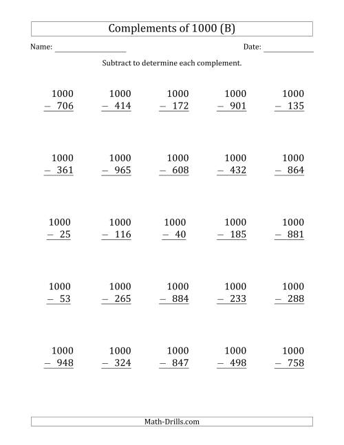 The Complements of 1000 by Subtracting (B) Math Worksheet