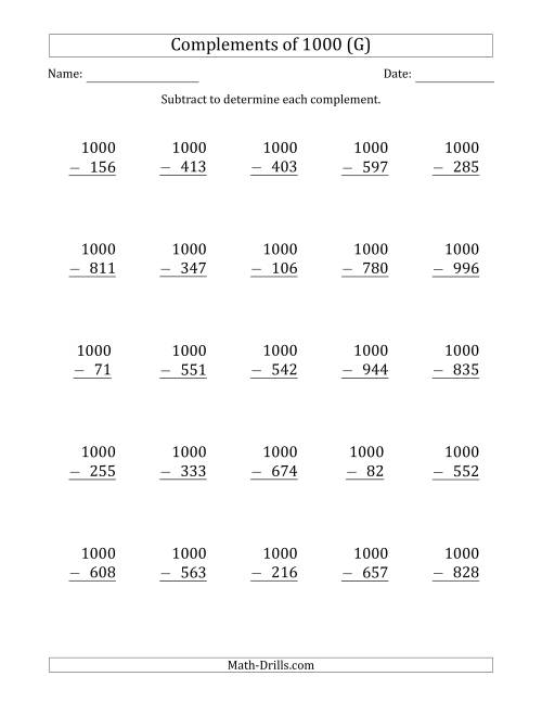 The Complements of 1000 by Subtracting (G) Math Worksheet