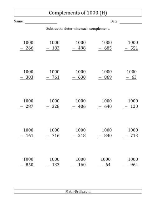 The Complements of 1000 by Subtracting (H) Math Worksheet