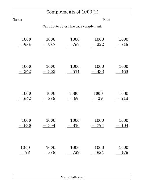 The Complements of 1000 by Subtracting (I) Math Worksheet