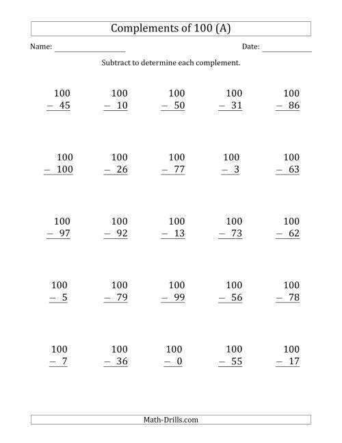The Complements of 100 by Subtracting (A) Math Worksheet