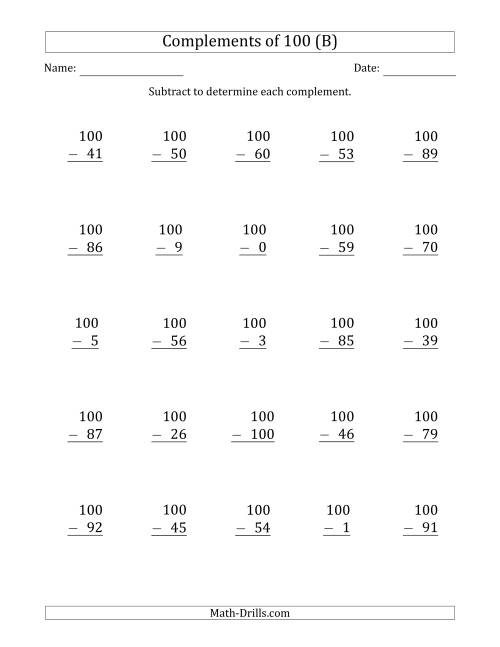 The Complements of 100 by Subtracting (B) Math Worksheet