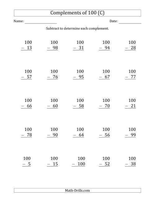 The Complements of 100 by Subtracting (C) Math Worksheet