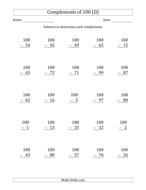 The Complements of 100 by Subtracting (D) Math Worksheet