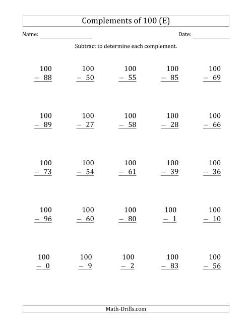 The Complements of 100 by Subtracting (E) Math Worksheet