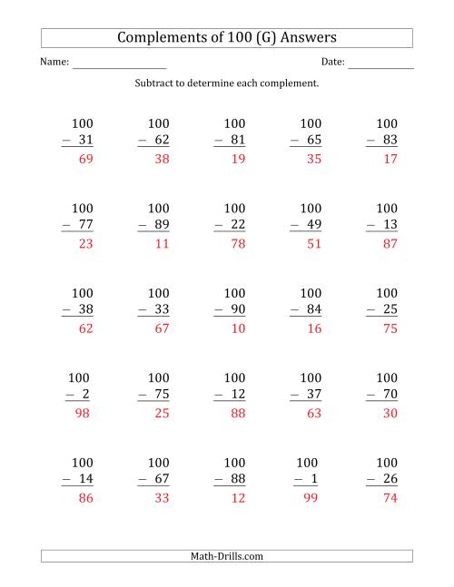 The Complements of 100 by Subtracting (G) Math Worksheet Page 2