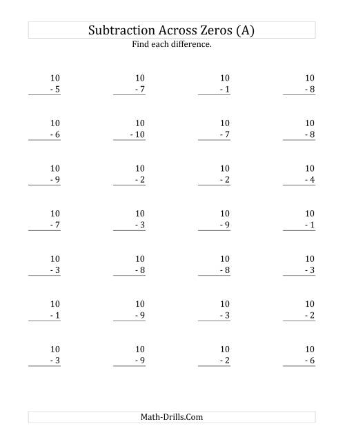 subtracting across zeros from 10 old