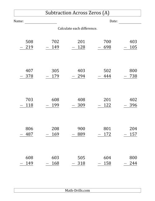 The 3-Digit Subtracting Across Zeros in the Middle (A) Math Worksheet
