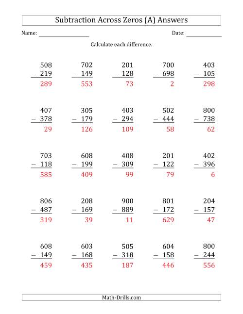 The 3-Digit Subtracting Across Zeros in the Middle (A) Math Worksheet Page 2