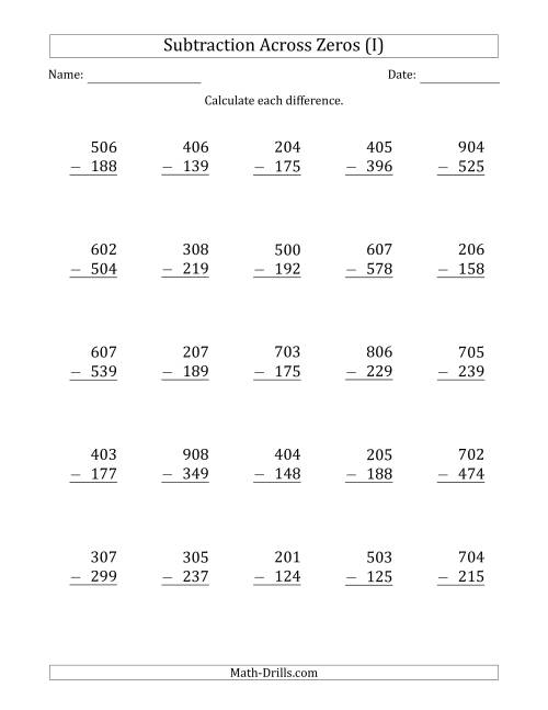 The 3-Digit Subtracting Across Zeros in the Middle (I) Math Worksheet
