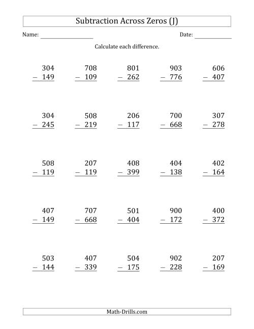The 3-Digit Subtracting Across Zeros in the Middle (J) Math Worksheet