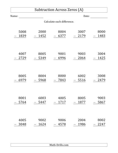 The 4-Digit Subtracting Across Zeros in the Middle (A) Math Worksheet