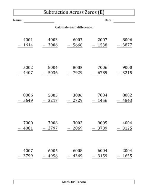 The 4-Digit Subtracting Across Zeros in the Middle (E) Math Worksheet