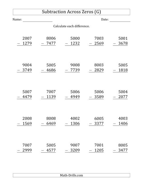 The 4-Digit Subtracting Across Zeros in the Middle (G) Math Worksheet