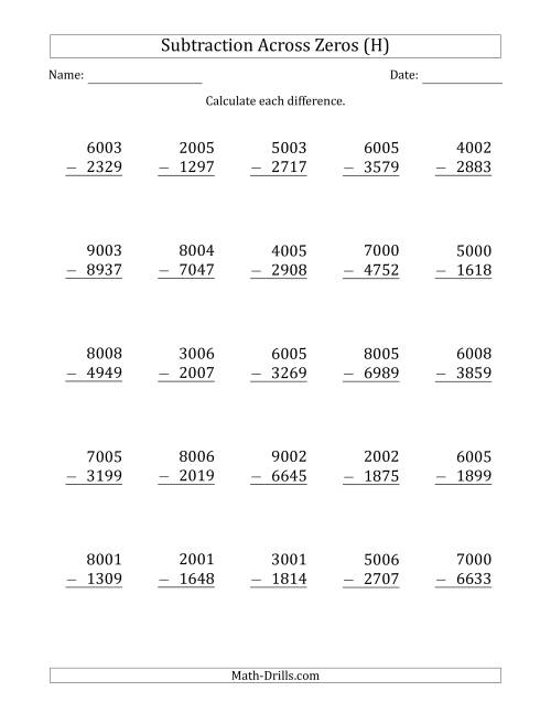 The 4-Digit Subtracting Across Zeros in the Middle (H) Math Worksheet