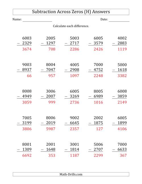 The 4-Digit Subtracting Across Zeros in the Middle (H) Math Worksheet Page 2