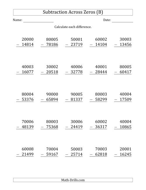 The 5-Digit Subtracting Across Zeros in the Middle (B) Math Worksheet
