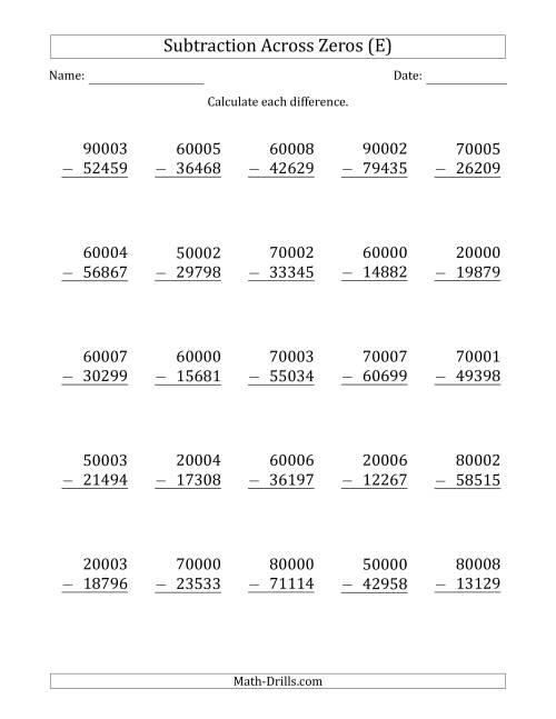 The 5-Digit Subtracting Across Zeros in the Middle (E) Math Worksheet