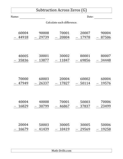 The 5-Digit Subtracting Across Zeros in the Middle (G) Math Worksheet