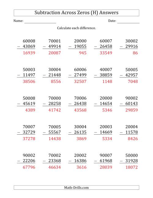 The 5-Digit Subtracting Across Zeros in the Middle (H) Math Worksheet Page 2