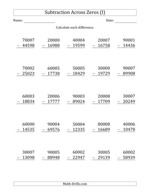 The 5-Digit Subtracting Across Zeros in the Middle (I) Math Worksheet