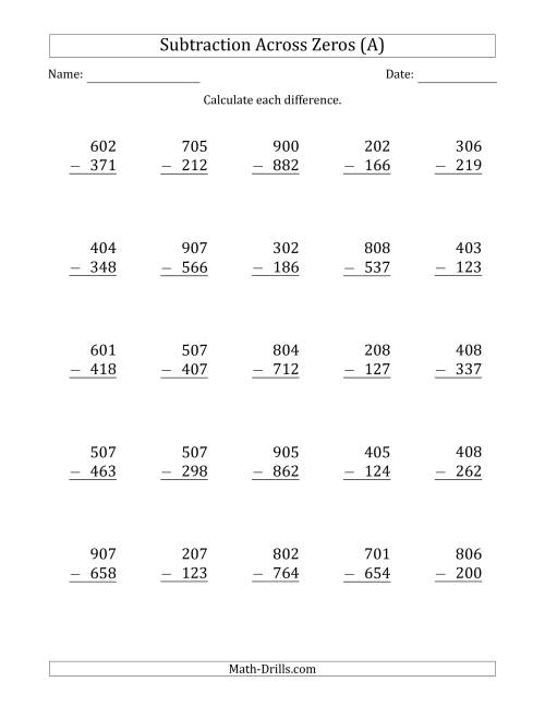 The 3-Digit Subtracting Across Zeros in the Middle (Ones Sometimes Need Regrouping) (A) Math Worksheet