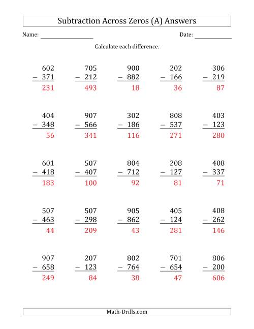 The 3-Digit Subtracting Across Zeros in the Middle (Ones Sometimes Need Regrouping) (A) Math Worksheet Page 2