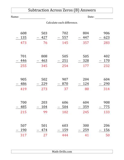 The 3-Digit Subtracting Across Zeros in the Middle (Ones Sometimes Need Regrouping) (B) Math Worksheet Page 2