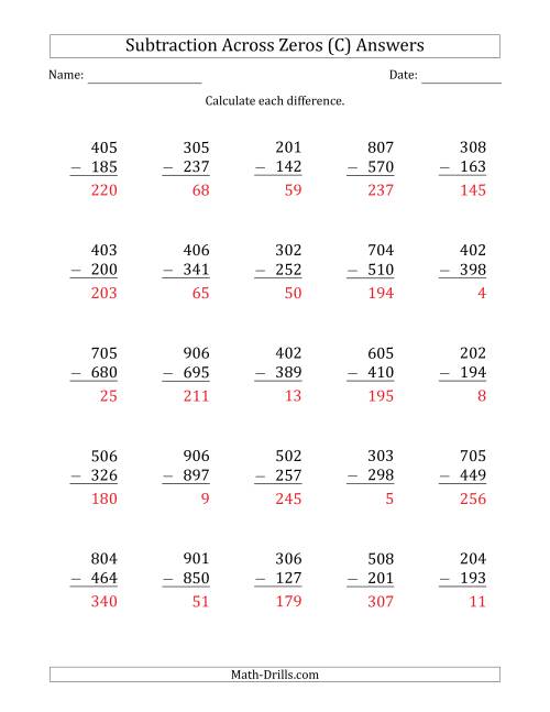The 3-Digit Subtracting Across Zeros in the Middle (Ones Sometimes Need Regrouping) (C) Math Worksheet Page 2
