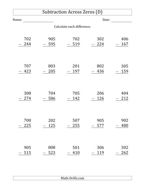 The 3-Digit Subtracting Across Zeros in the Middle (Ones Sometimes Need Regrouping) (D) Math Worksheet