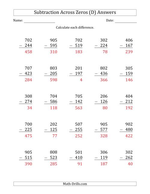 The 3-Digit Subtracting Across Zeros in the Middle (Ones Sometimes Need Regrouping) (D) Math Worksheet Page 2