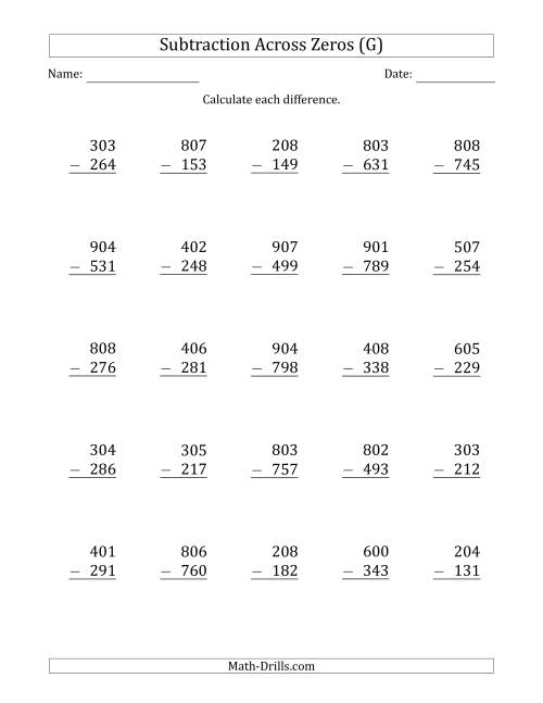 The 3-Digit Subtracting Across Zeros in the Middle (Ones Sometimes Need Regrouping) (G) Math Worksheet
