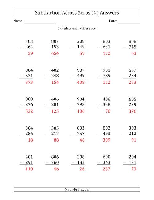 The 3-Digit Subtracting Across Zeros in the Middle (Ones Sometimes Need Regrouping) (G) Math Worksheet Page 2