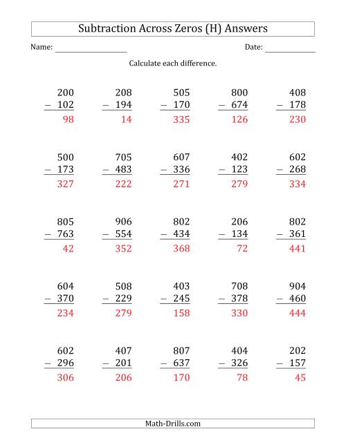 The 3-Digit Subtracting Across Zeros in the Middle (Ones Sometimes Need Regrouping) (H) Math Worksheet Page 2