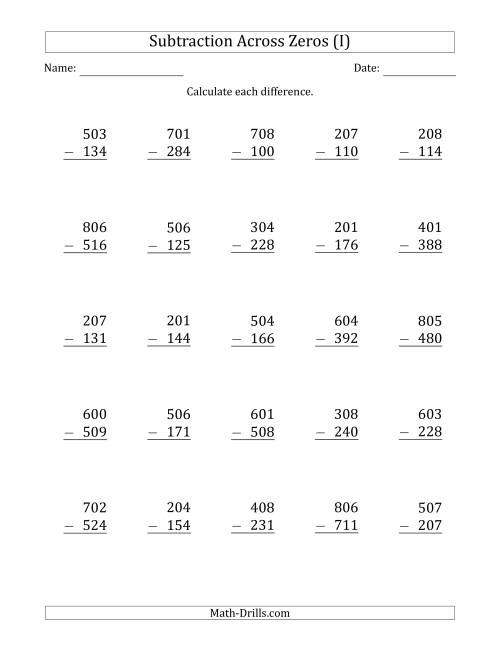The 3-Digit Subtracting Across Zeros in the Middle (Ones Sometimes Need Regrouping) (I) Math Worksheet