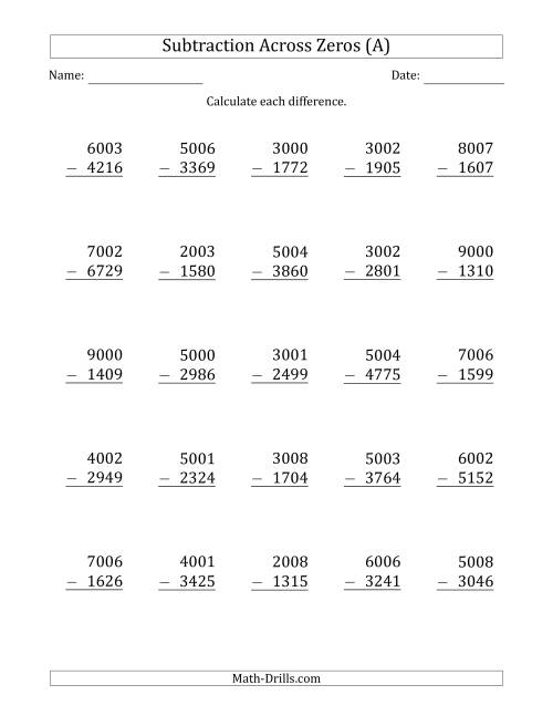 The 4-Digit Subtracting Across Zeros in the Middle (Ones Sometimes Need Regrouping) (A) Math Worksheet
